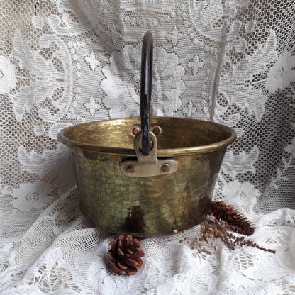 Antique brass planter or cauldron from France, Rustic decor, artisan made brass planter, farmhouse decor