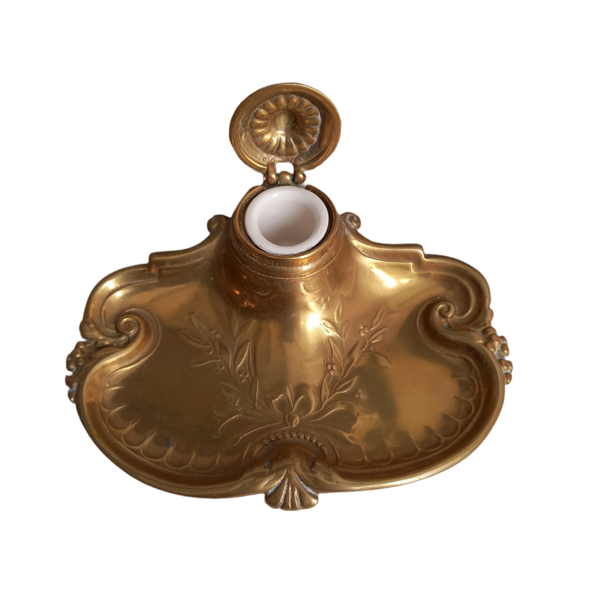 Encrier décoratif vintage en laiton avec gobelet en porcelaine blanche