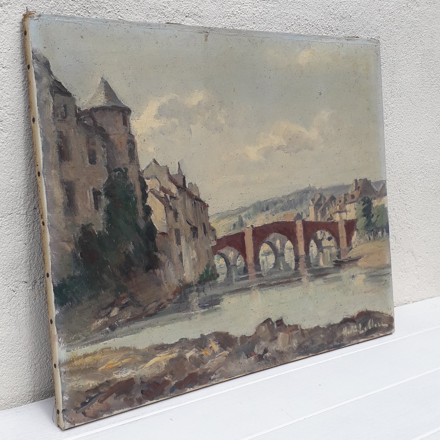 French antique oil painting of bridges of Espalion Aveyron on canvas signed Henri Le Clerc, Original French art