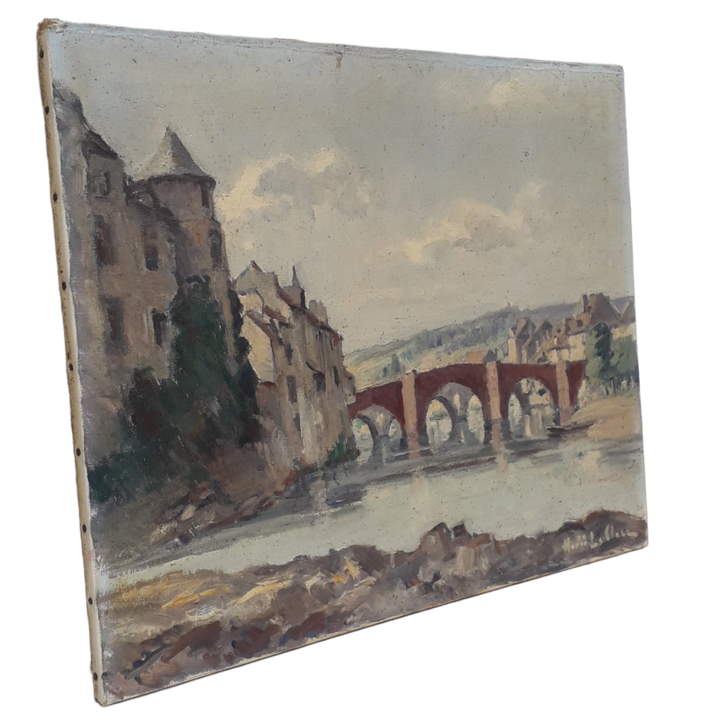An exciting find and truly fabulous French vintage/antique oil painting depicting the old bridges of Espalion, Aveyron in France. The painting is signed Henri Le Clerc. Stretched canvas on wooden frame; to the rear on the wooden stretcher in very faded pencil is the location - my google search bought up a current view of this scene and little has changed. There is no date, although I guesstimate this painting to have been created in the early to mid 20th century.