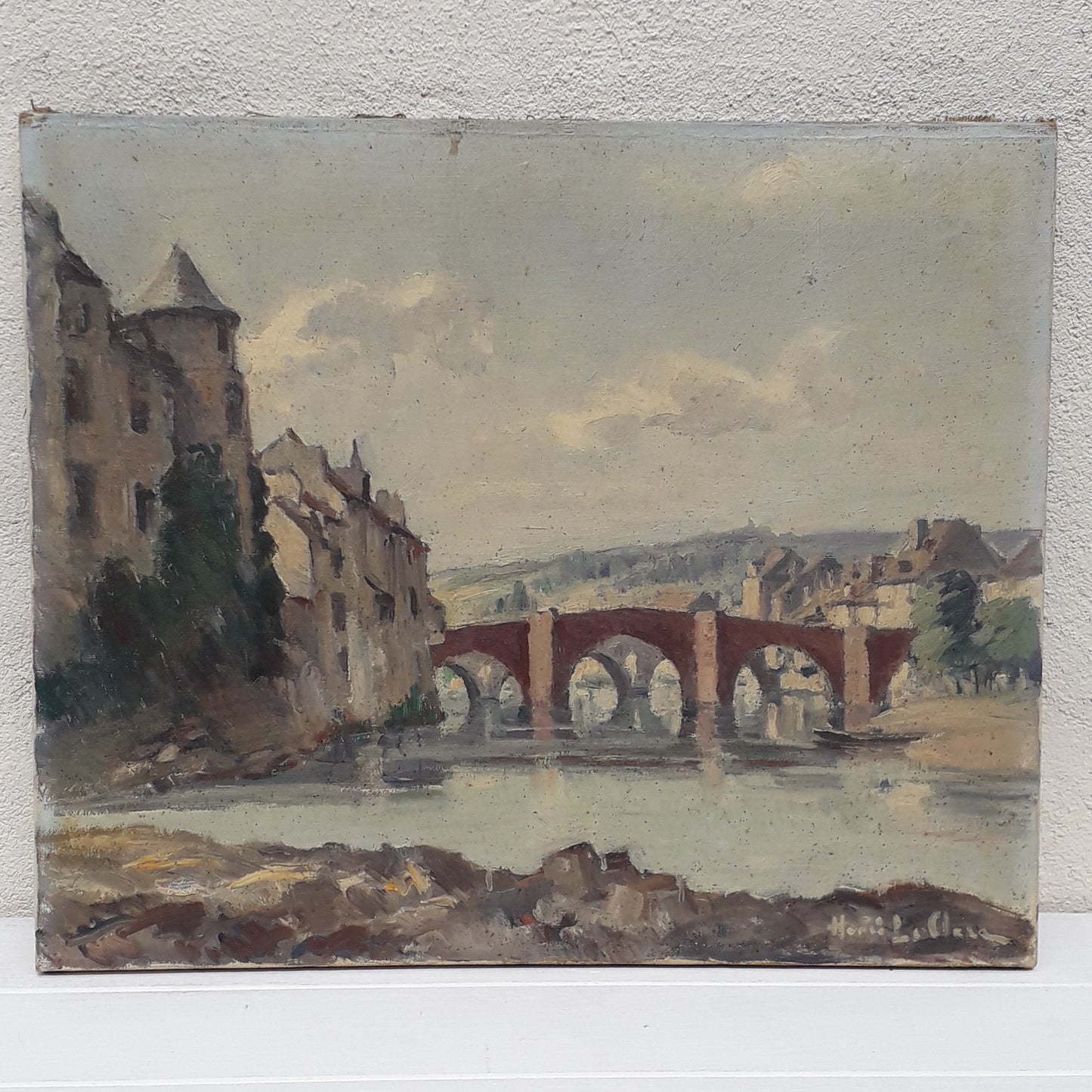 French antique oil painting of bridges of Espalion Aveyron on canvas signed Henri Le Clerc, Original French art