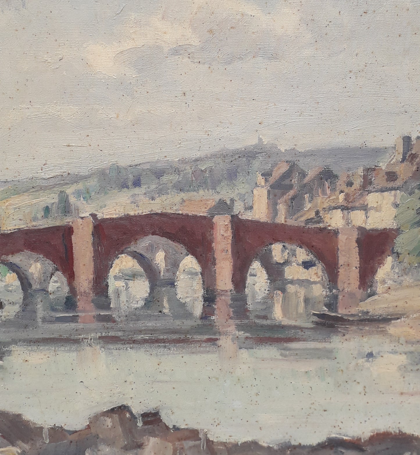 Peinture à l'huile ancienne française des ponts d'Espalion Aveyron sur toile signée Henri Le Clerc, Art français original