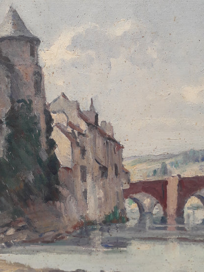 French antique oil painting of bridges of Espalion Aveyron on canvas signed Henri Le Clerc, Original French art