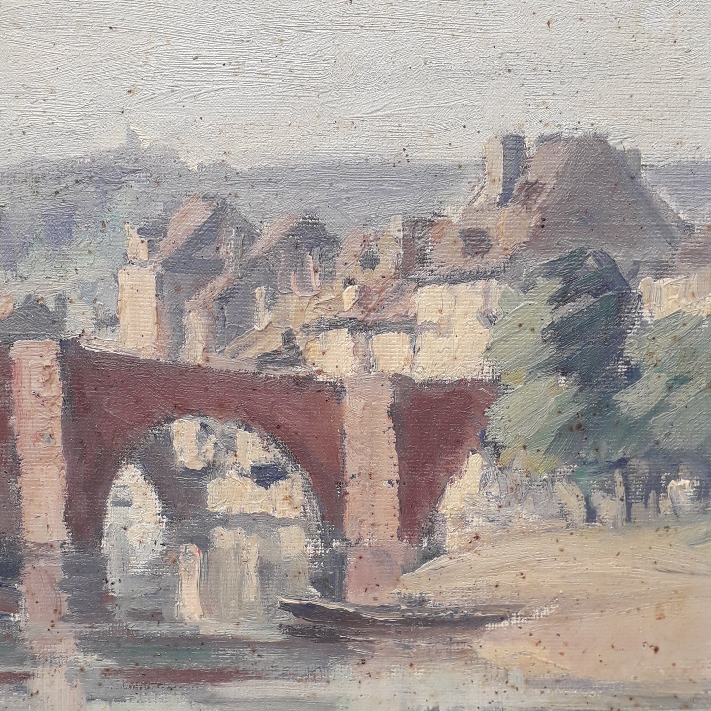 French antique oil painting of bridges of Espalion Aveyron on canvas signed Henri Le Clerc, Original French art