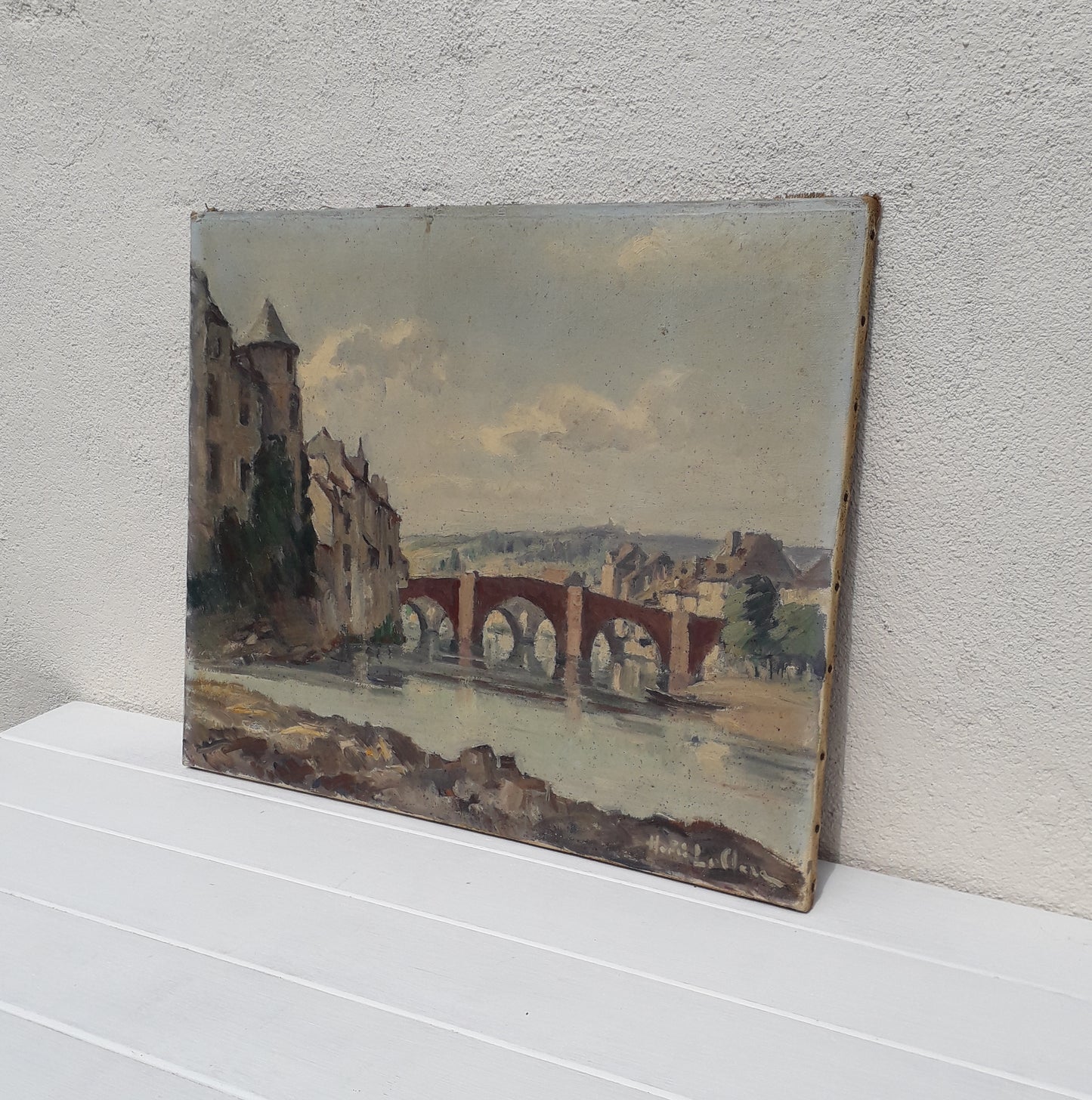 French antique oil painting of bridges of Espalion Aveyron on canvas signed Henri Le Clerc, Original French art