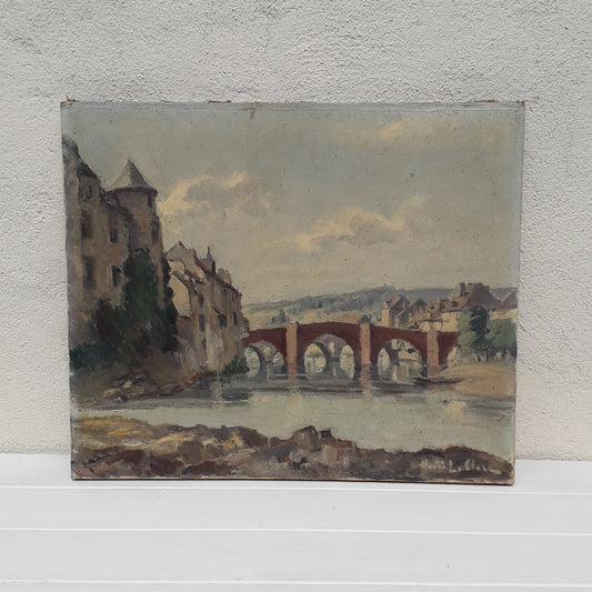 Peinture à l'huile ancienne française des ponts d'Espalion Aveyron sur toile signée Henri Le Clerc, Art français original