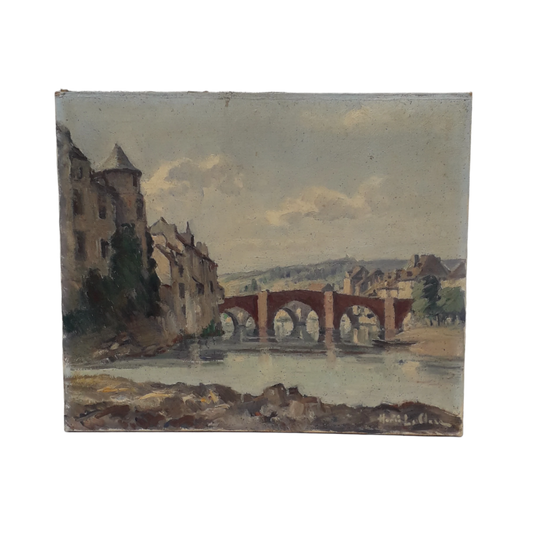An exciting find and truly fabulous French vintage/antique oil painting depicting the old bridges of Espalion, Aveyron in France. The painting is signed Henri Le Clerc. Stretched canvas on wooden frame; to the rear on the wooden stretcher in very faded pencil is the location - my google search bought up a current view of this scene and little has changed. There is no date, although I guesstimate this painting to have been created in the early to mid 20th century.