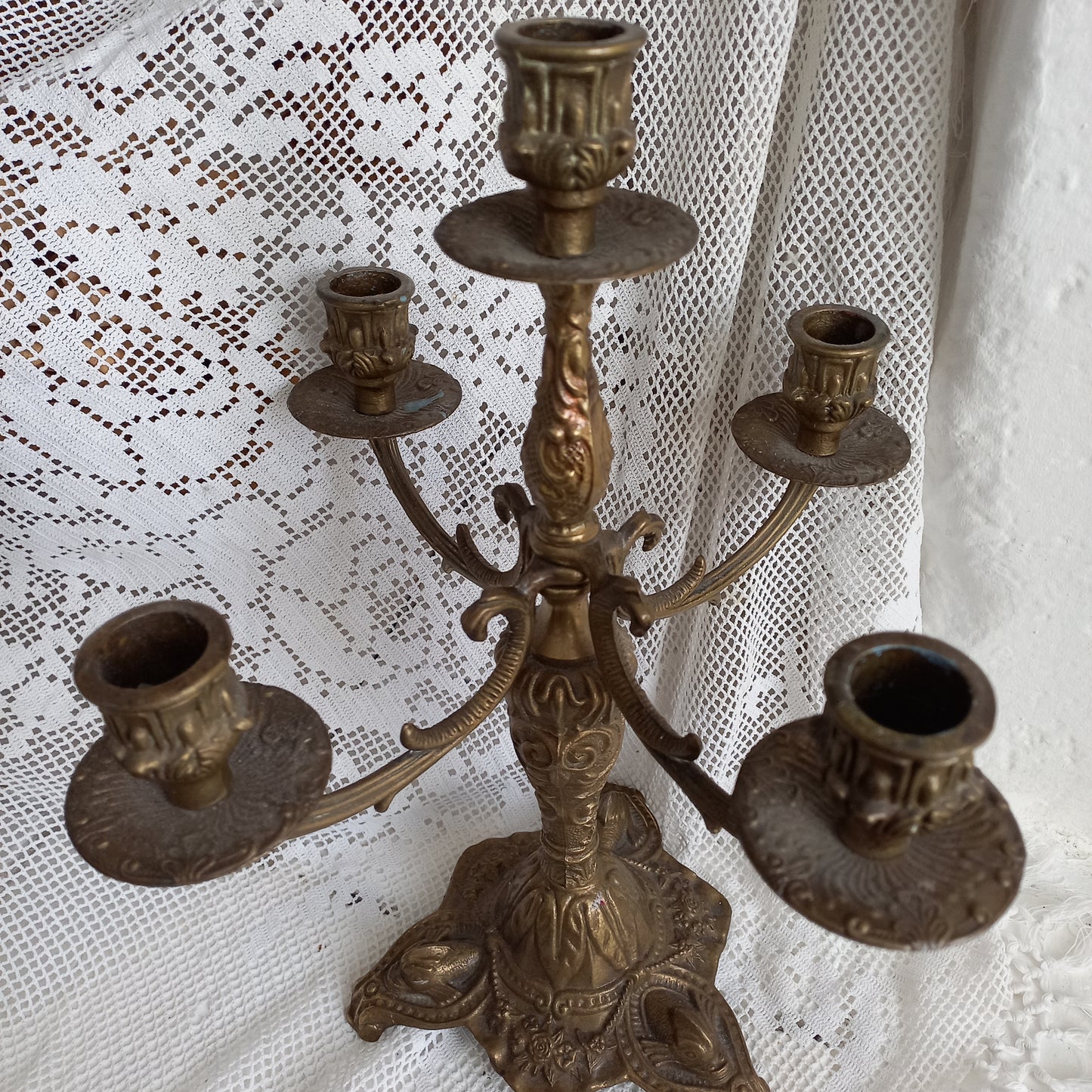 Large brass decorative candle holder for 5 candles, French vintage candle stick holder, candelabra