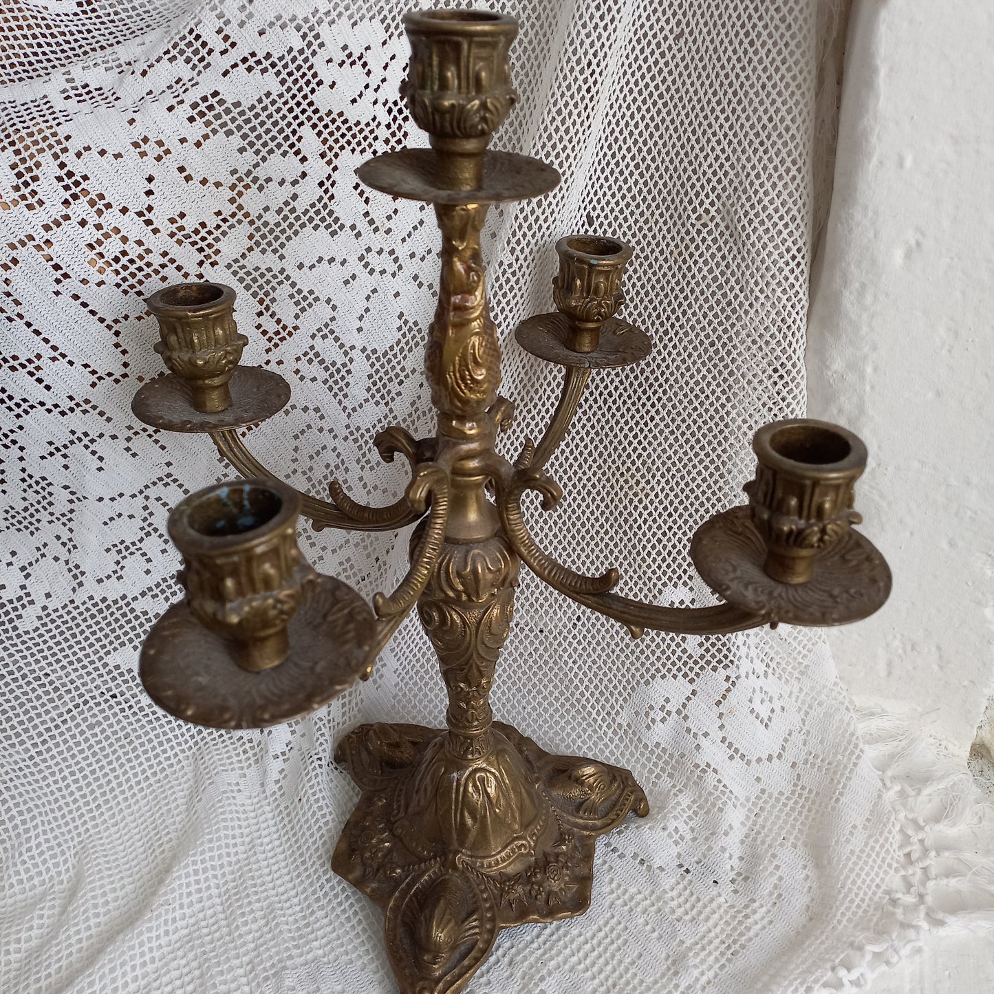 Large brass decorative candle holder for 5 candles, French vintage candle stick holder, candelabra