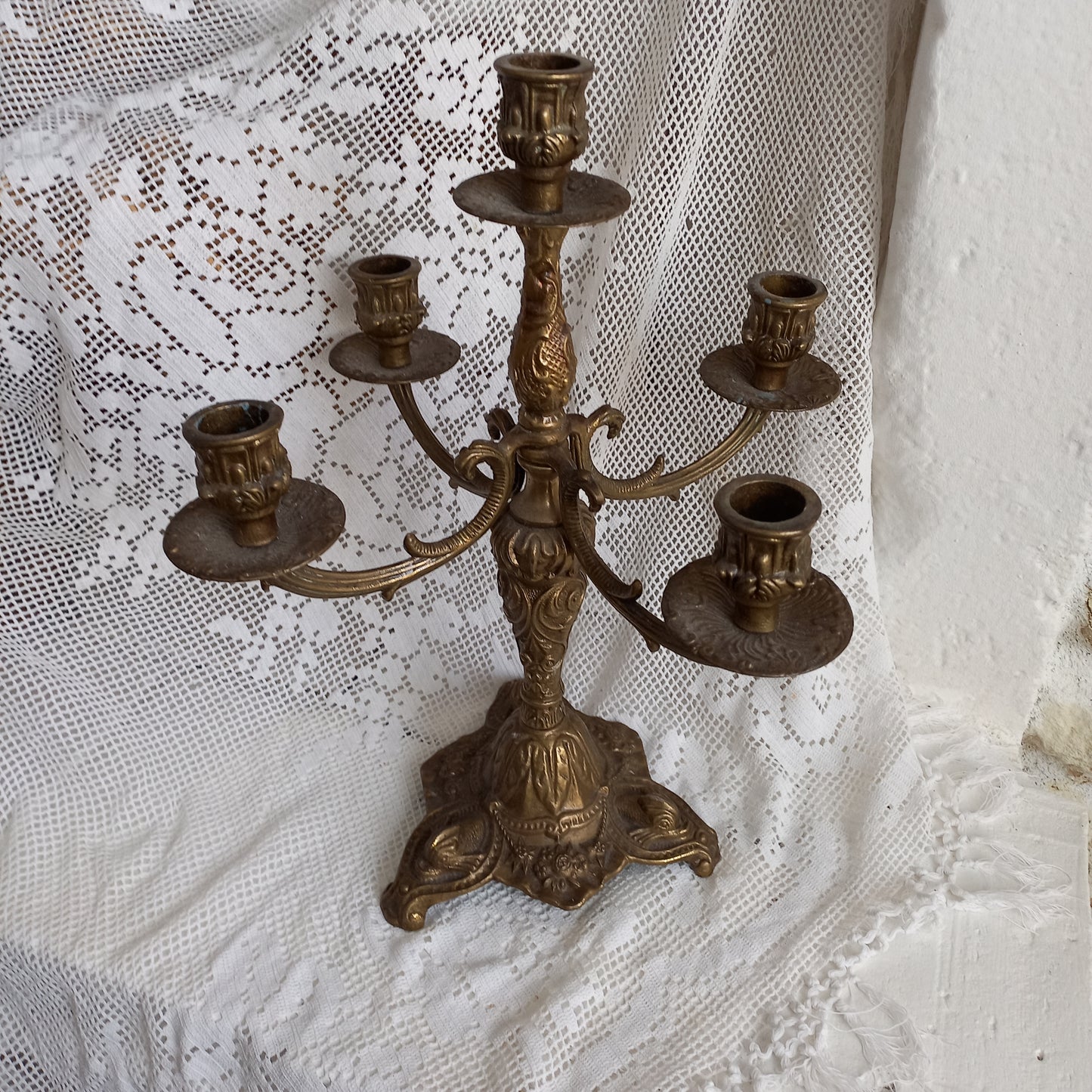 Large brass decorative candle holder for 5 candles, French vintage candle stick holder, candelabra