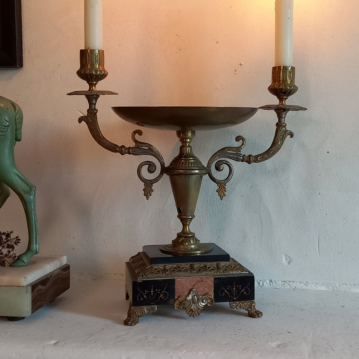 Antique double candle holder, marble and metal, classic home decor, decorative mantelpiece decor