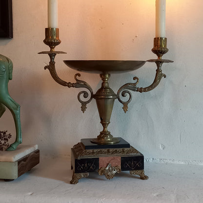 Antique double candle holder, marble and metal, classic home decor, decorative mantelpiece decor