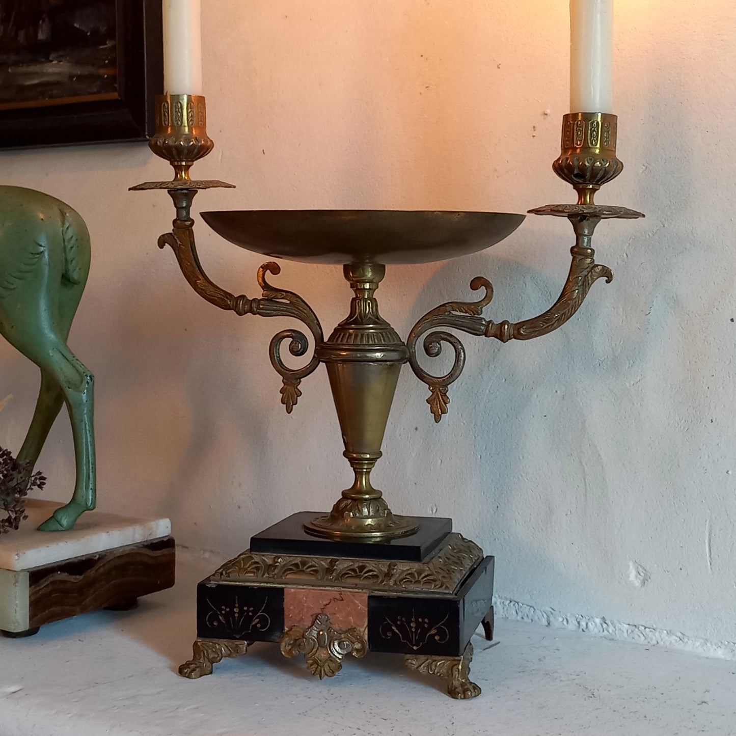 Antique double candle holder, marble and metal, classic home decor, decorative mantelpiece decor