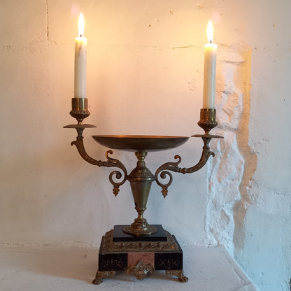 Antique double candle holder, marble and metal, classic home decor, decorative mantelpiece decor