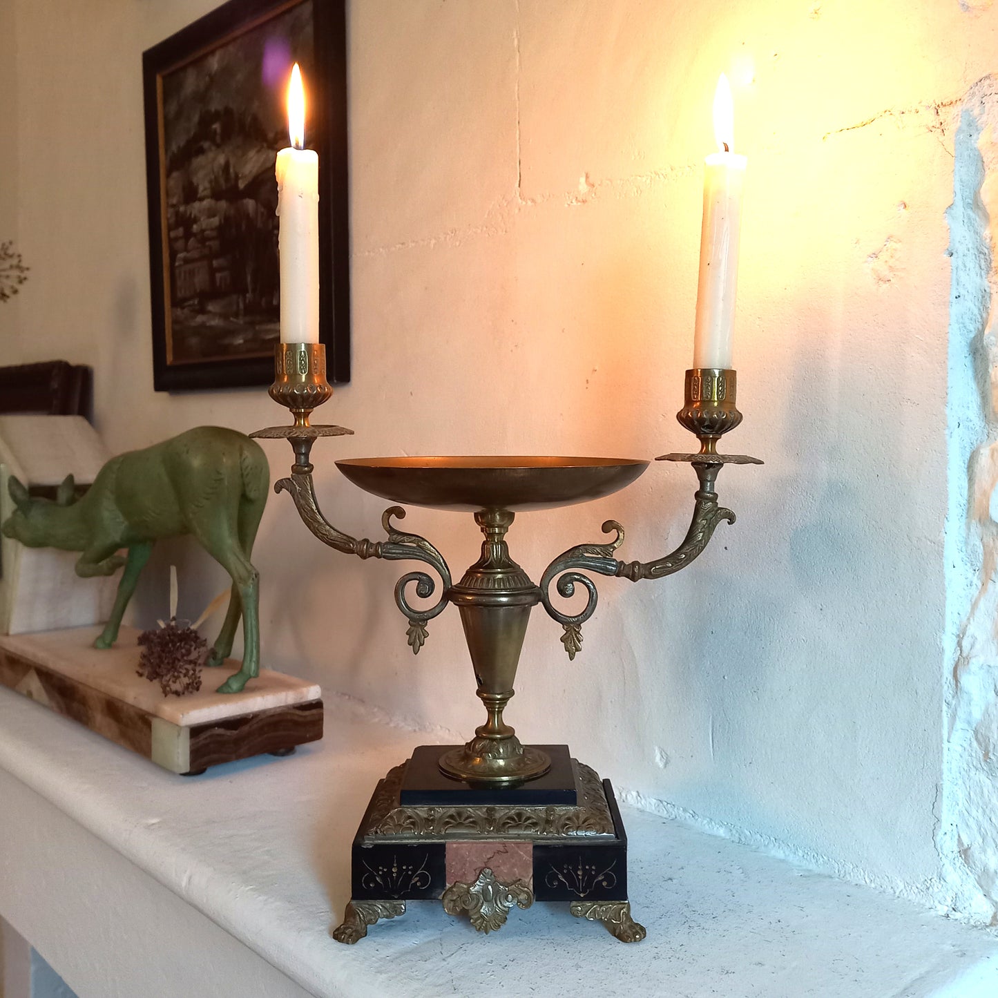 Antique double candle holder, marble and metal, classic home decor, decorative mantelpiece decor