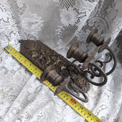 Antique wall mounted bronze candle holder with cherubs, French antique candle sconce