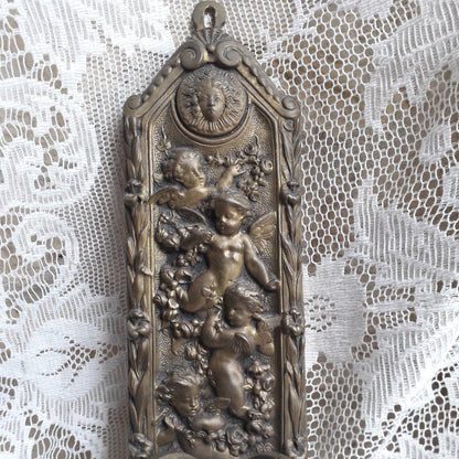 Antique wall mounted bronze candle holder with cherubs, French antique candle sconce