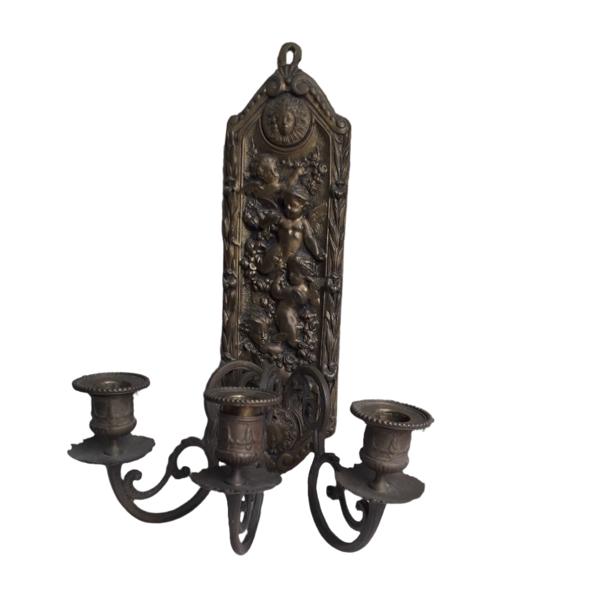 Bougeoir mural antique en bronze avec angelots, applique à bougie antique française
