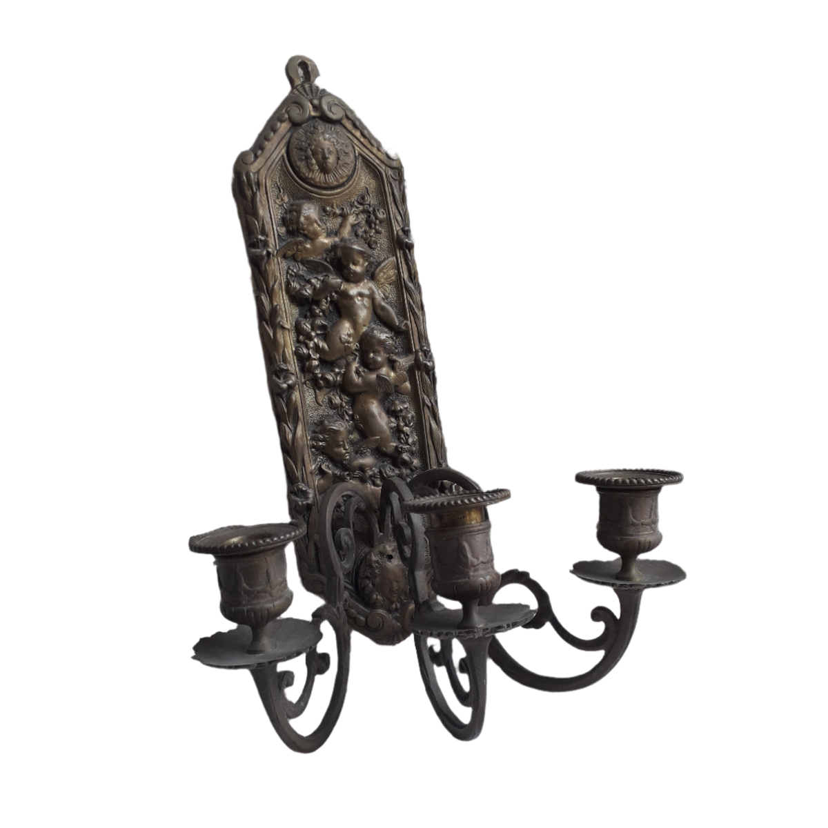Bougeoir mural antique en bronze avec angelots, applique à bougie antique française