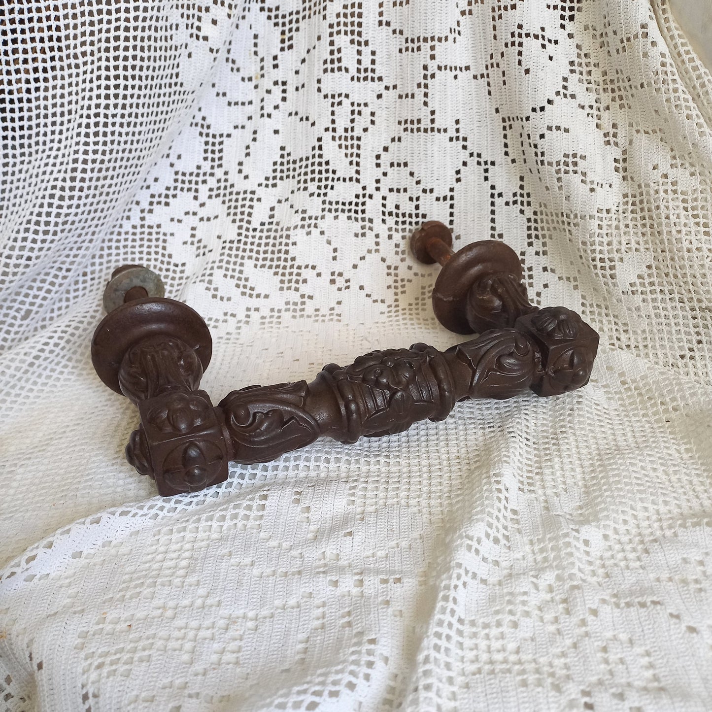 Large antique decorative cast iron door handle or door pull from France, door decor