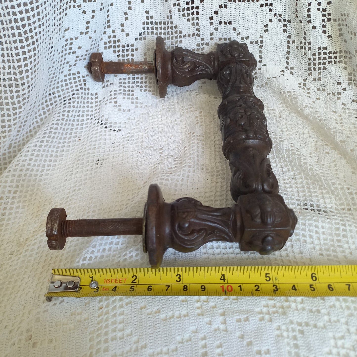 Large antique decorative cast iron door handle or door pull from France, door decor