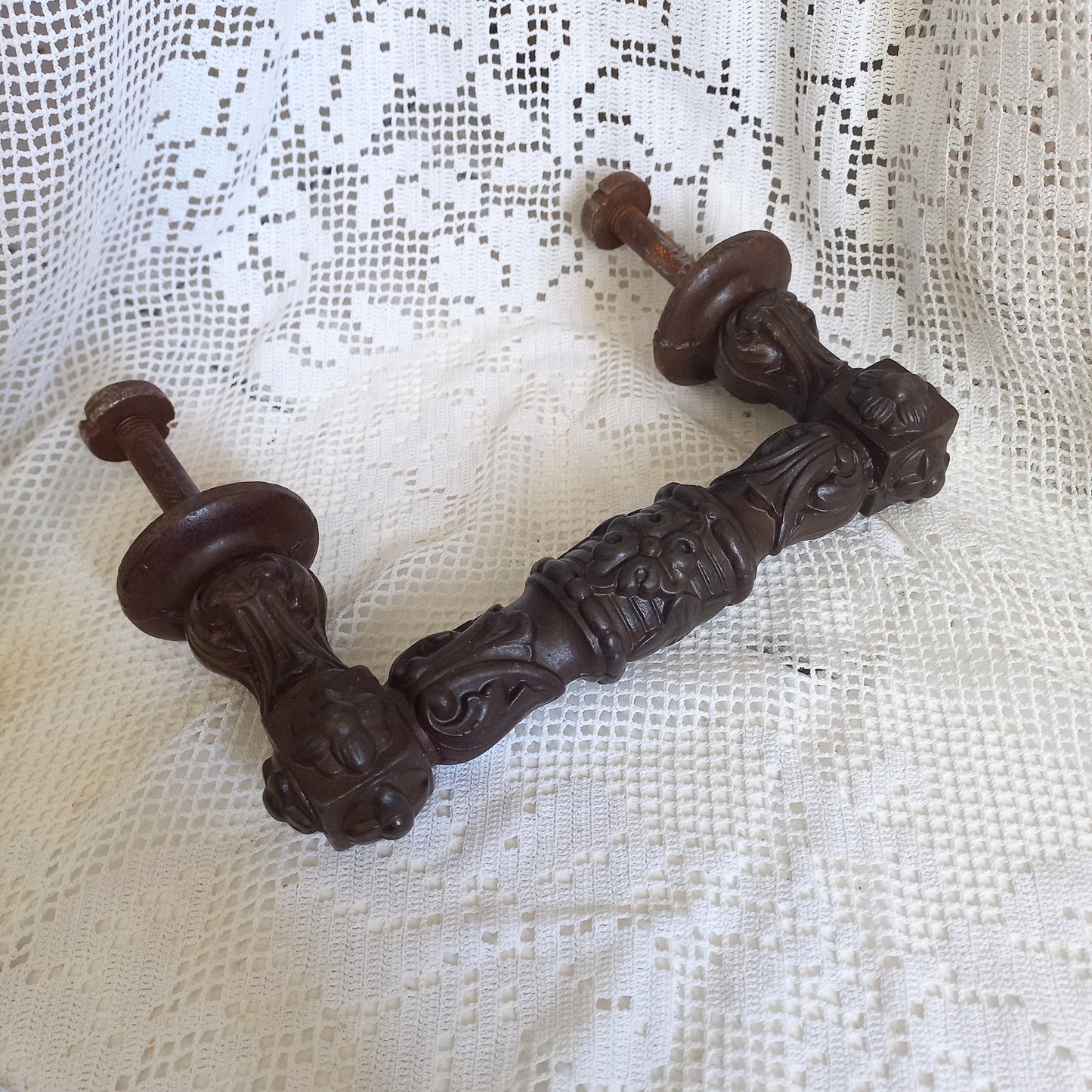 Large antique decorative cast iron door handle or door pull from France, door decor