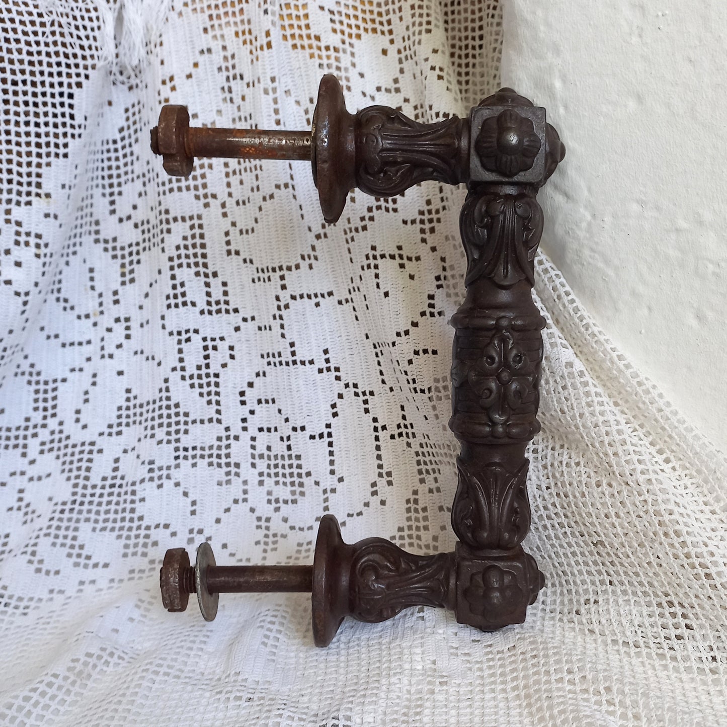 Large antique decorative cast iron door handle or door pull from France, door decor