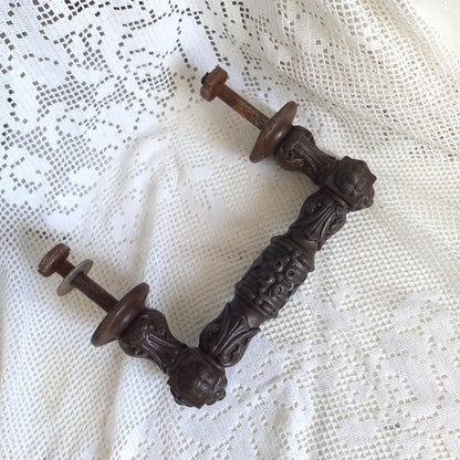 Large antique decorative cast iron door handle or door pull from France, door decor