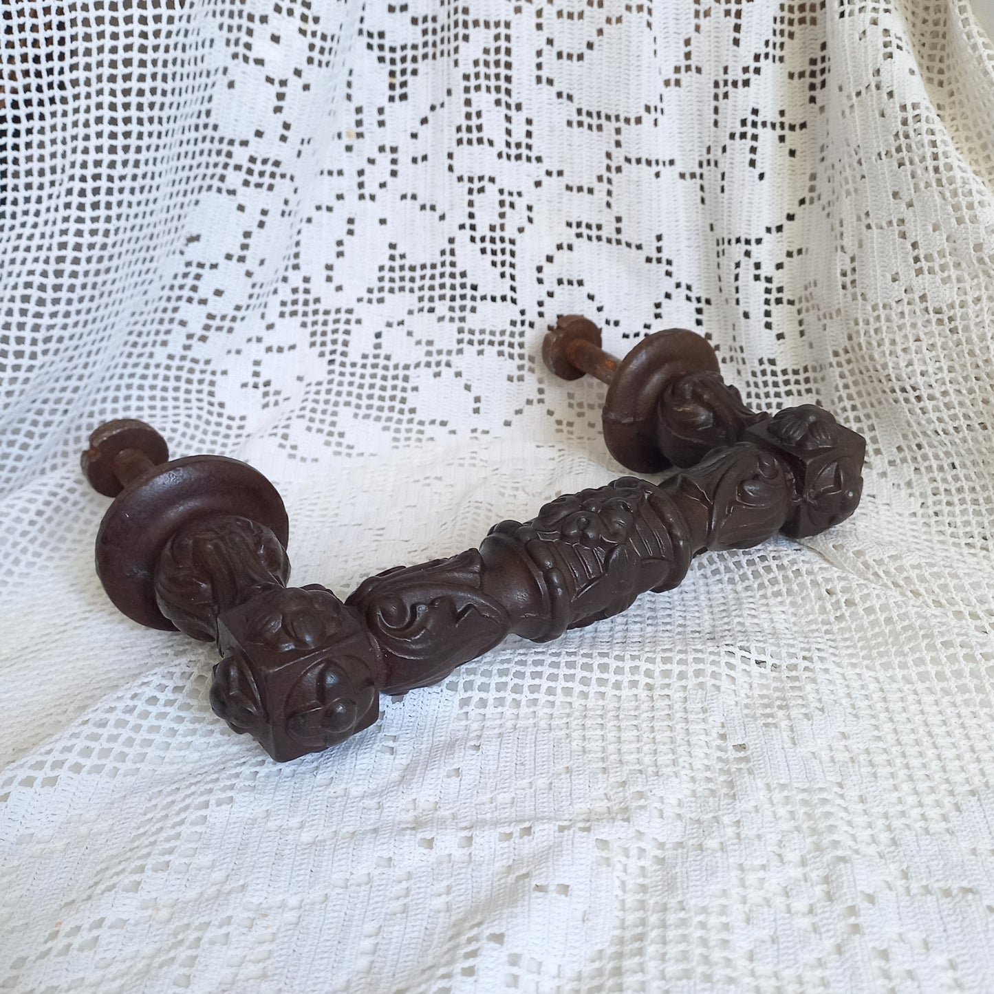 Large antique decorative cast iron door handle or door pull from France, door decor