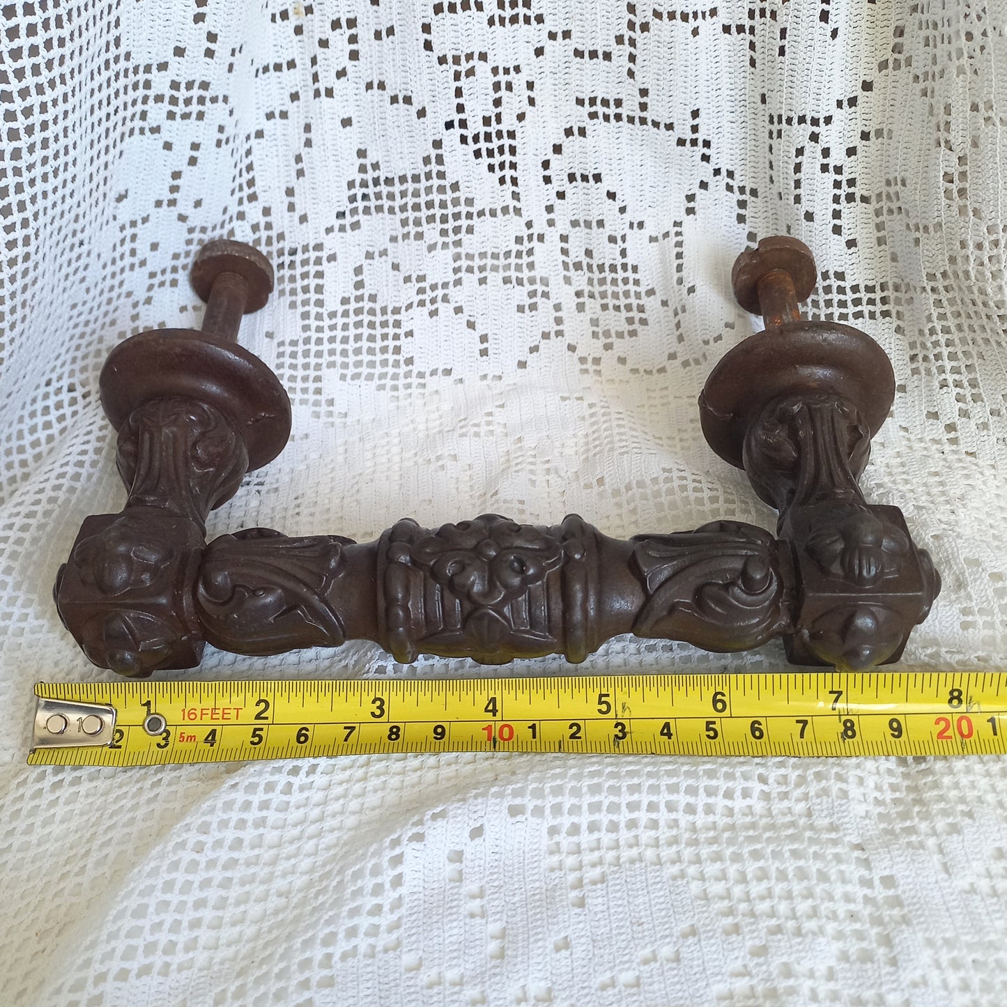 Large antique decorative cast iron door handle or door pull from France, door decor