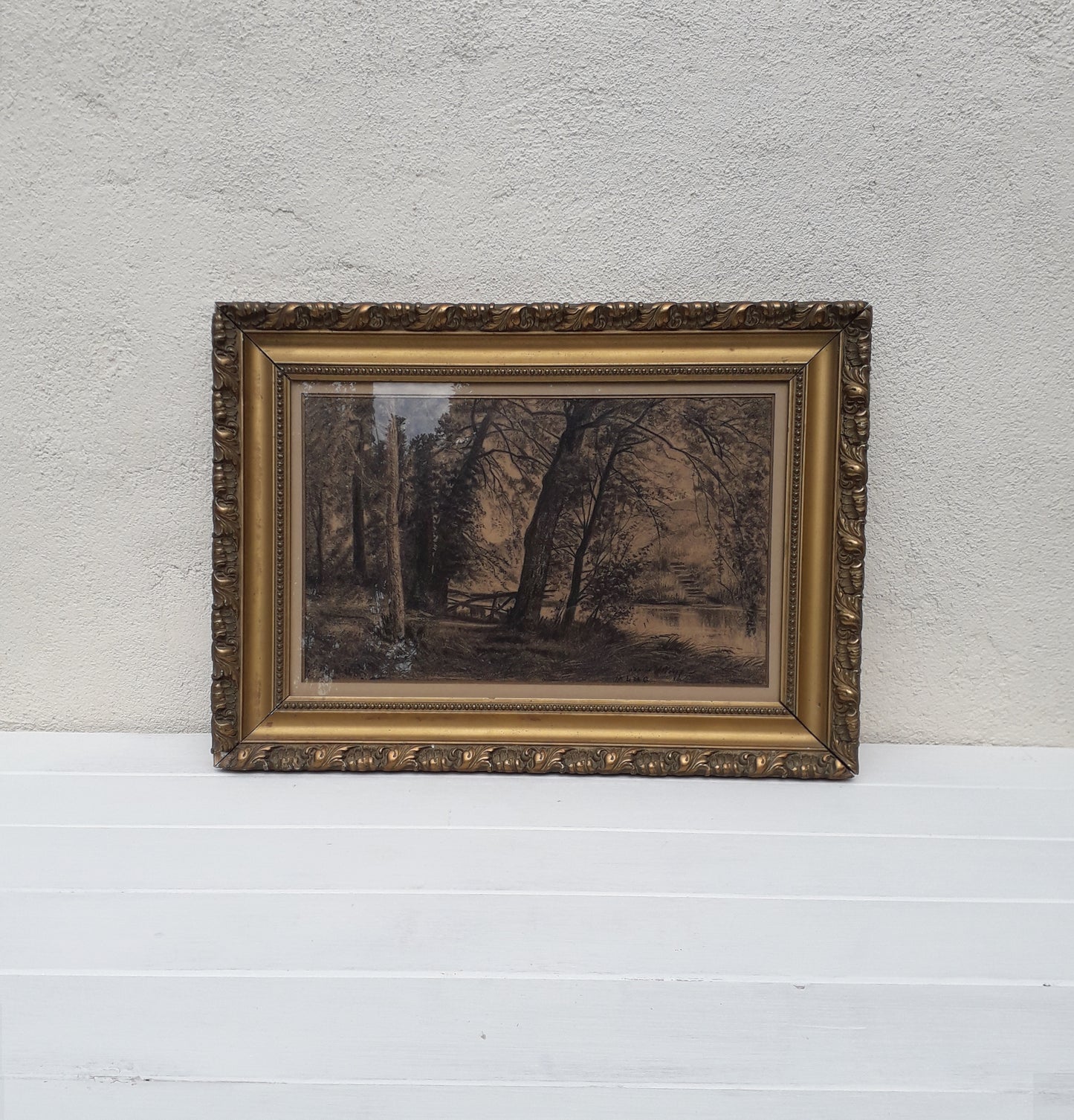 Antique charcoal landscape with trees drawing in Frame, French landscape art