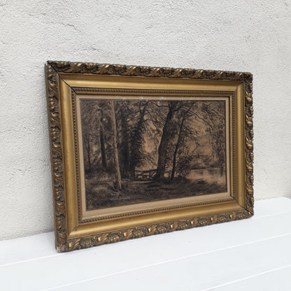 Antique charcoal landscape with trees drawing in Frame, French landscape art