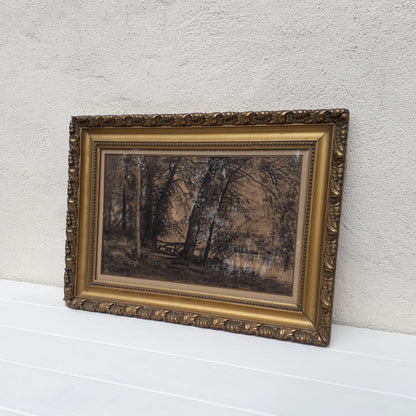 Antique charcoal landscape with trees drawing in Frame, French landscape art