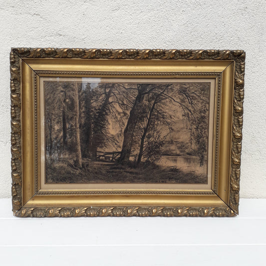 Paysage au fusain ancien avec arbres, dessin dans un cadre, art paysager français