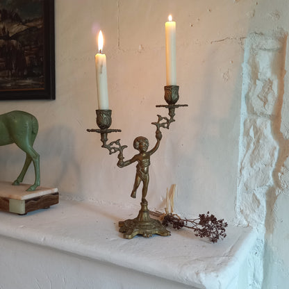 Vintage brass cherub double candlestick holder from France