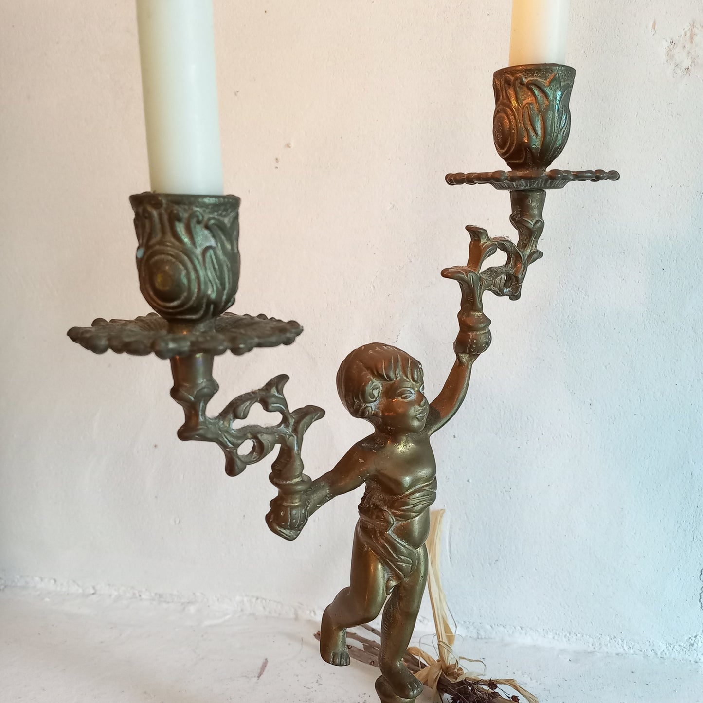 Vintage brass cherub double candlestick holder from France