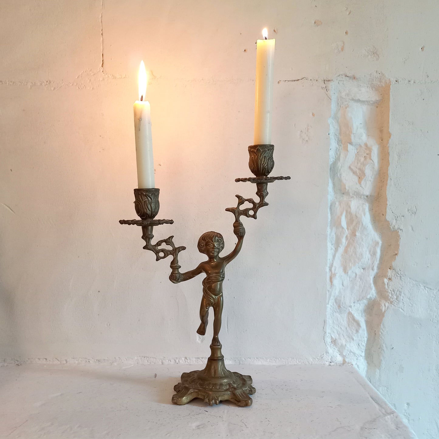 Vintage brass cherub double candlestick holder from France