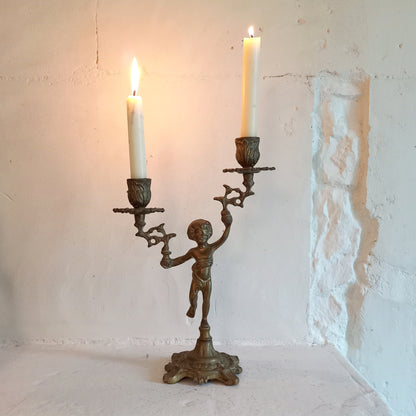 Vintage brass cherub double candlestick holder from France