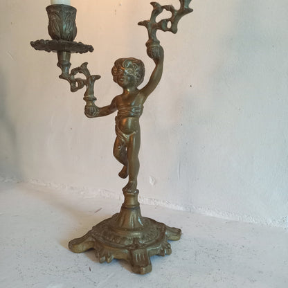 Vintage brass cherub double candlestick holder from France