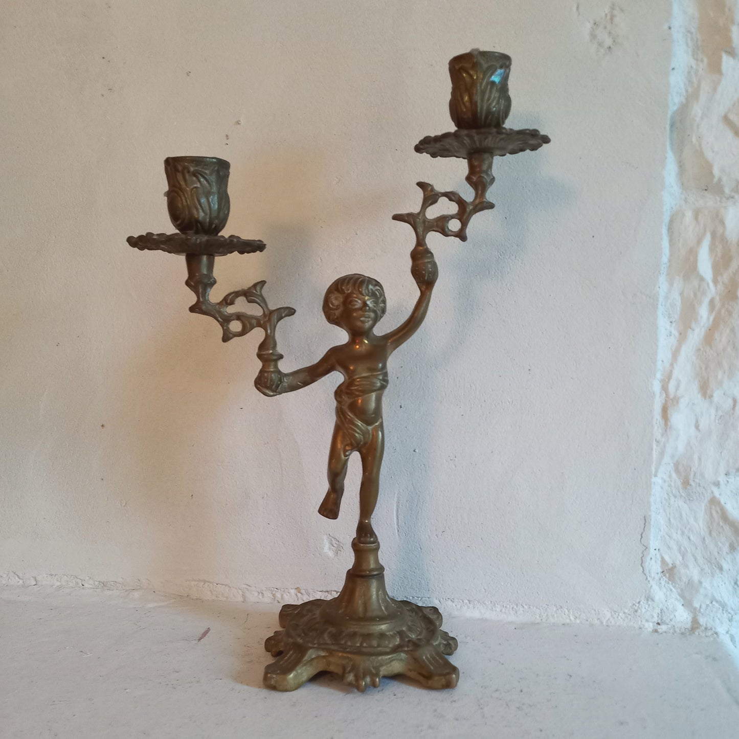 Vintage brass cherub double candlestick holder from France