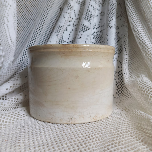 French antique white ironstone crock or jam pot stained and crazed