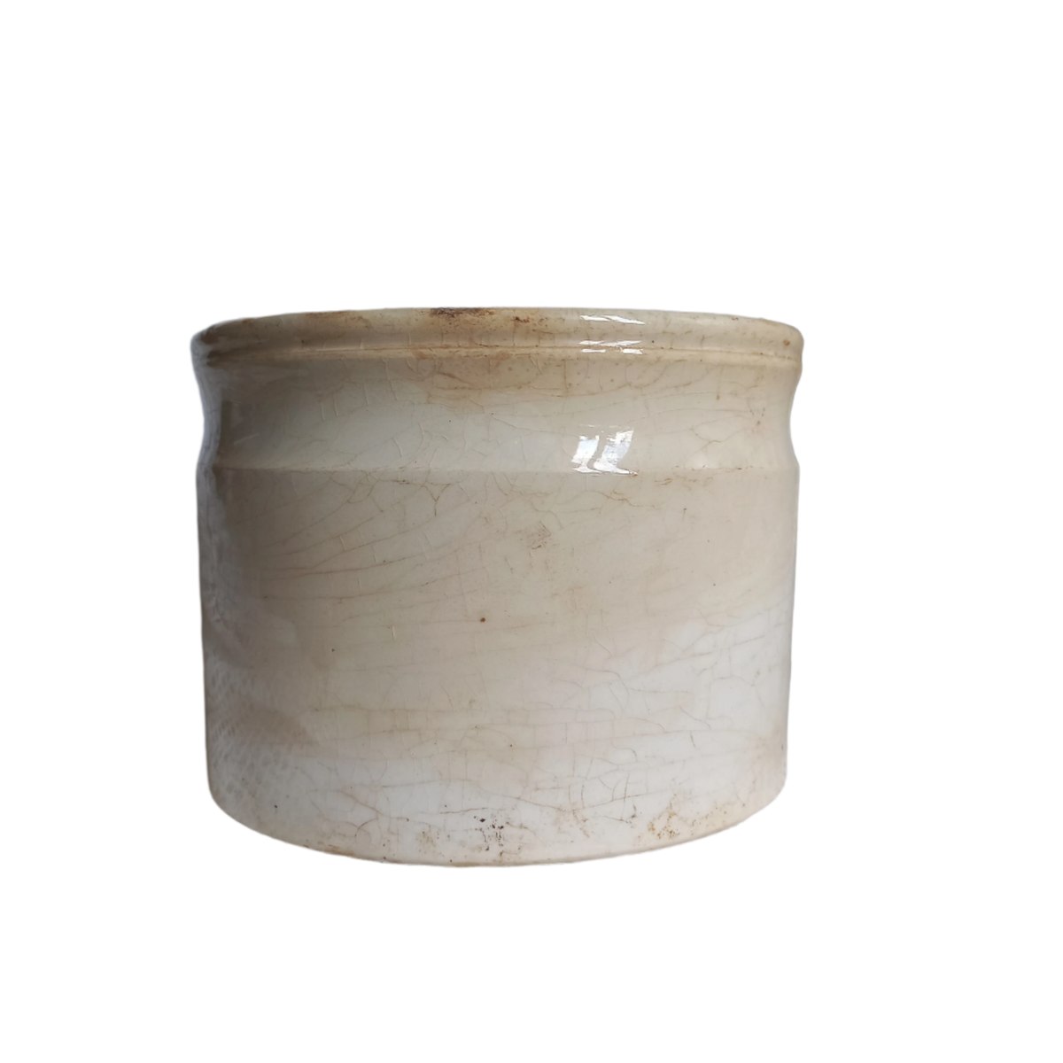 French antique white ironstone crock or jam pot stained and crazed