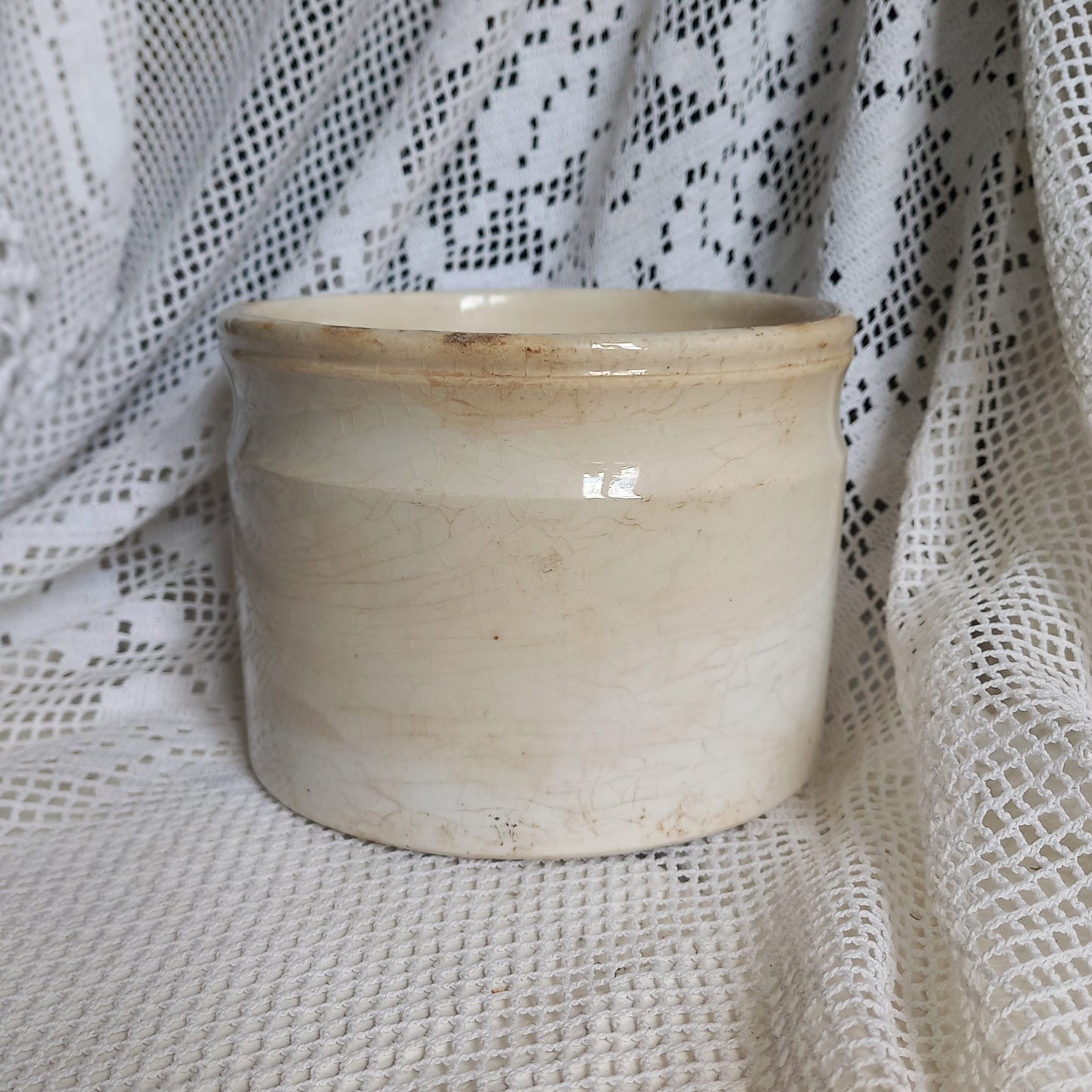 French antique white ironstone crock or jam pot stained and crazed