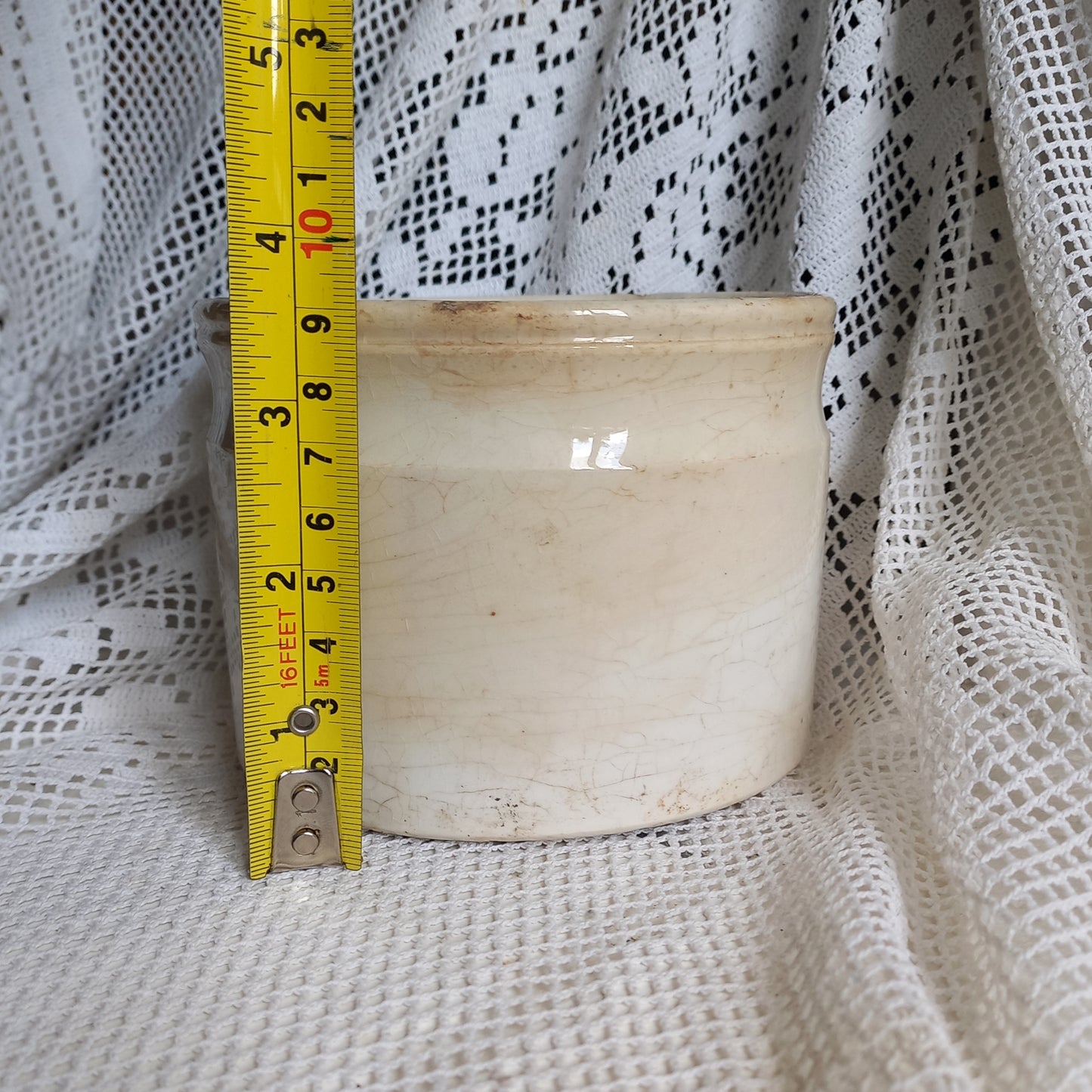 French antique white ironstone crock or jam pot stained and crazed