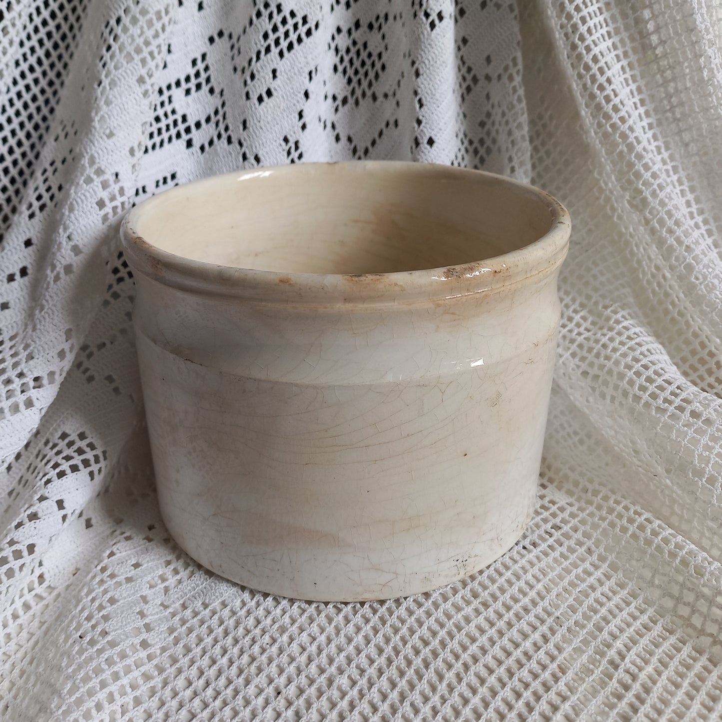 French antique white ironstone crock or jam pot stained and crazed