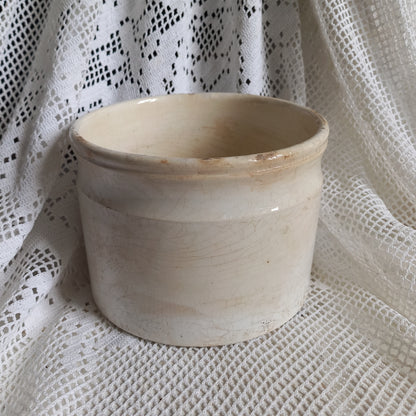 French antique white ironstone crock or jam pot stained and crazed