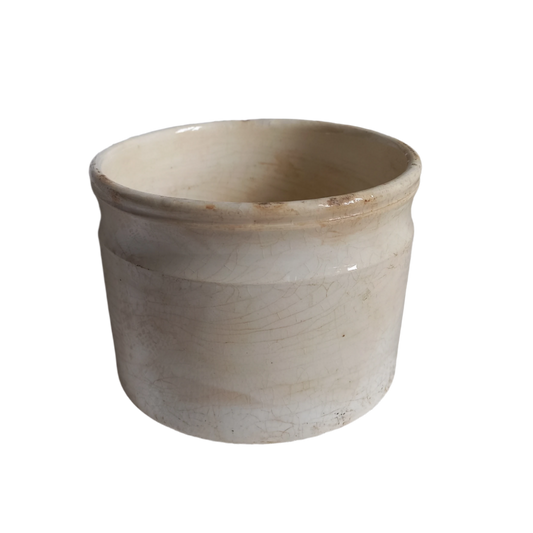 Pot à confiture ou pot à confiture ancien en terre de fer blanche française tachée et craquelée