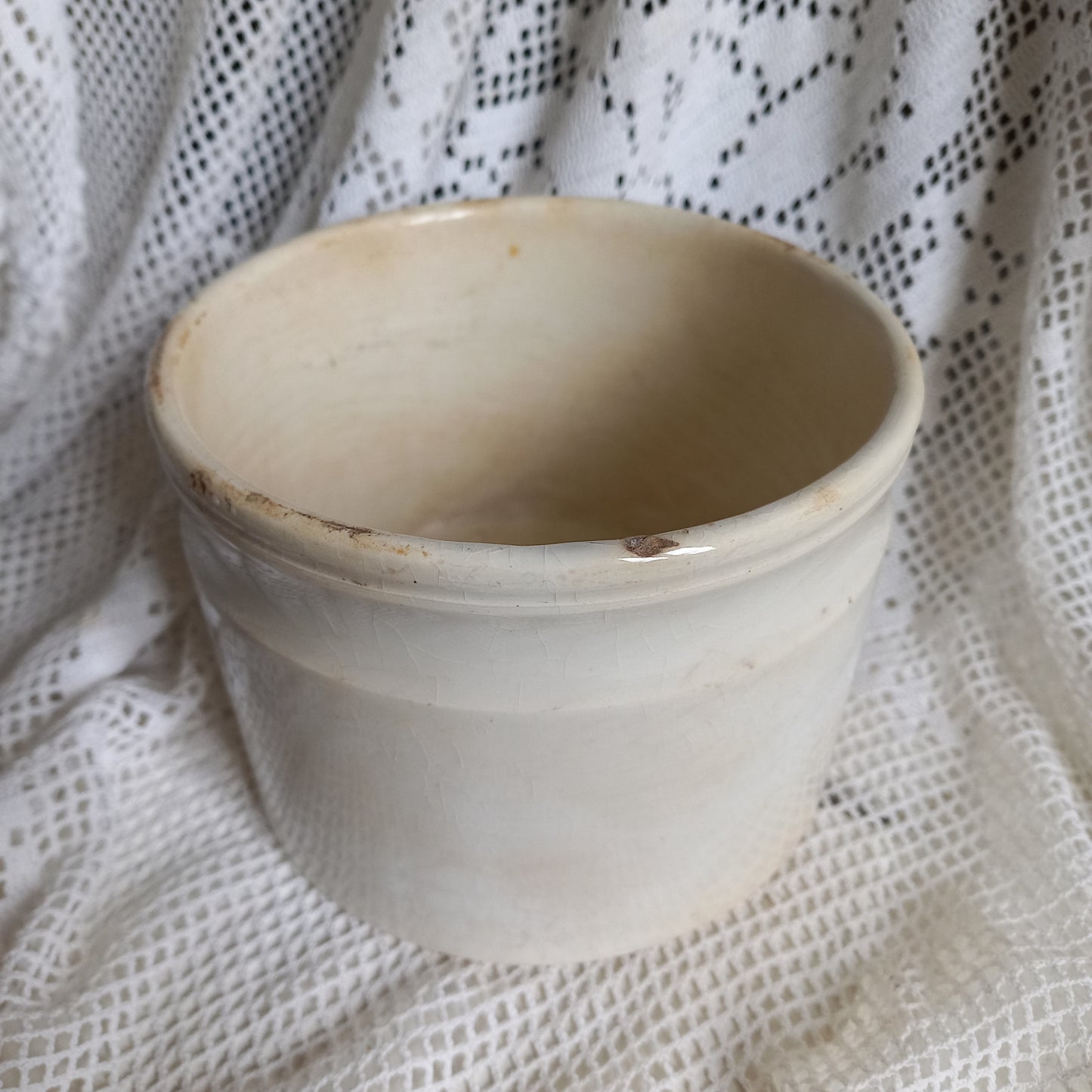 French antique white ironstone crock or jam pot stained and crazed