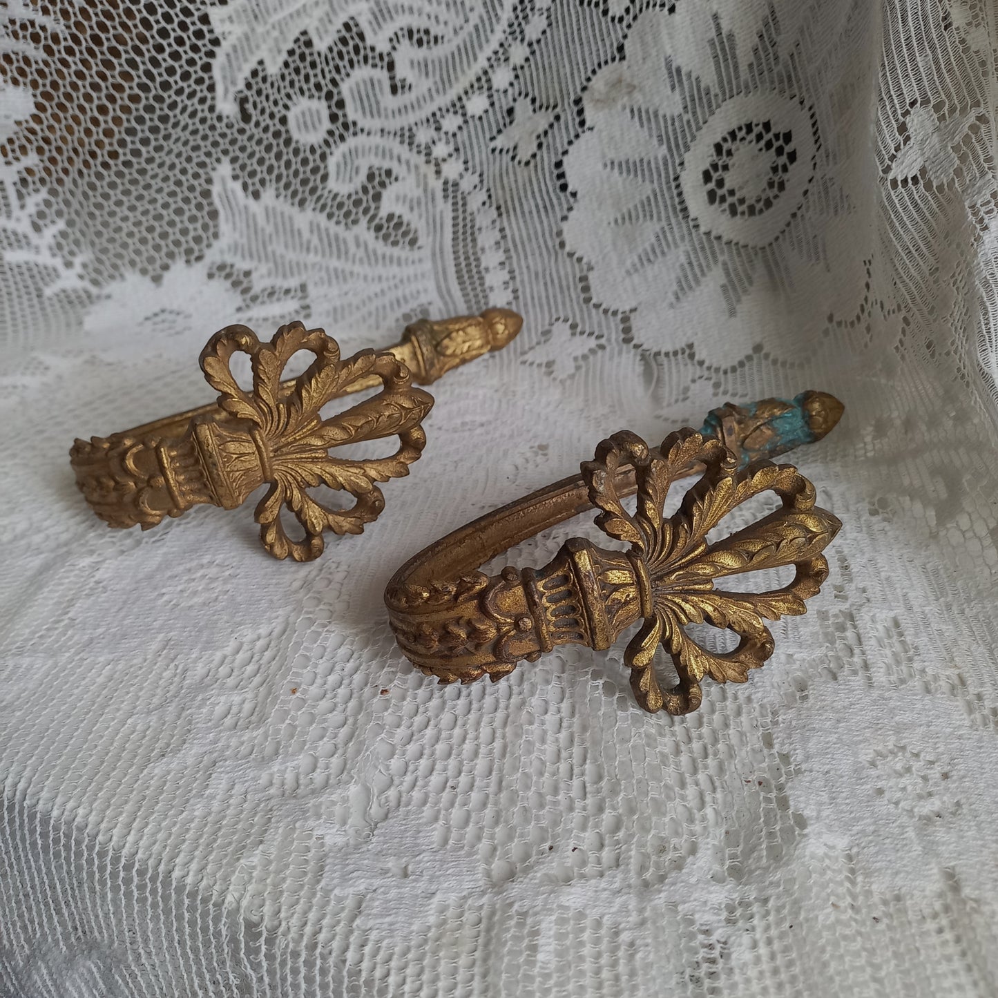 French antique decorative curtain hold backs or tie backs made from brass, bronze