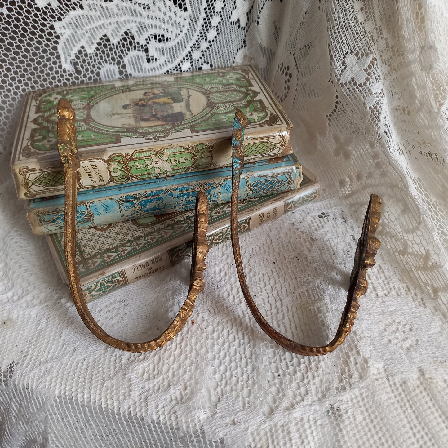 French antique decorative curtain hold backs or tie backs made from brass, bronze